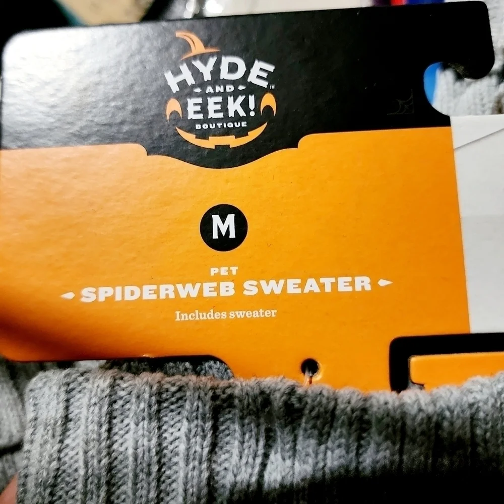 Hyde and Eek! Pet Spiderweb Grey Knit Sweater Halloween Fall October 3D Spiders